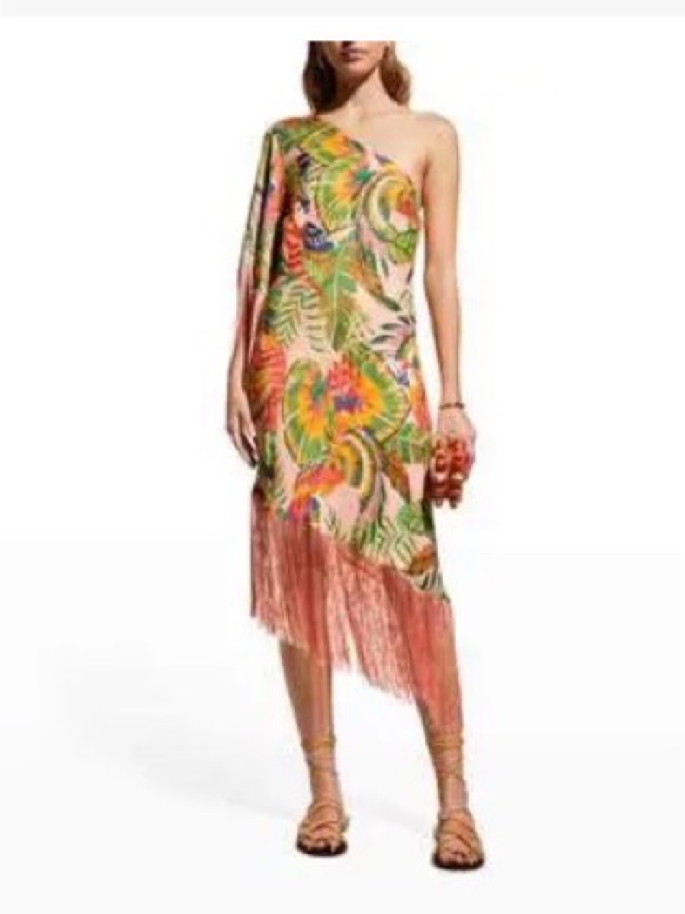 Farm Rio One-Shoulder Macaw Tropical Fringe Midi Dress - Multicolor - Picture 1 of 4